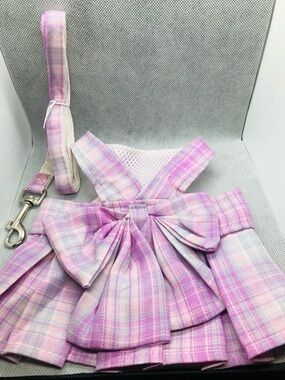 Pink Plaid pet Harness Dress with Leash